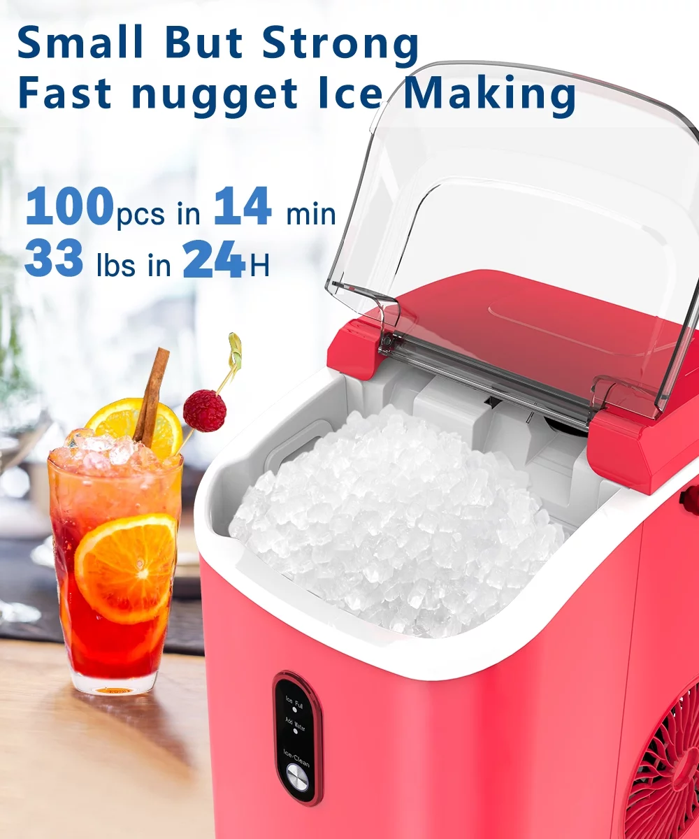 COWSAR 33lbs Countertop Nugget Ice Maker, Potable with Scoop,聽Soft Nugget Ice Ready in 10mins, Red