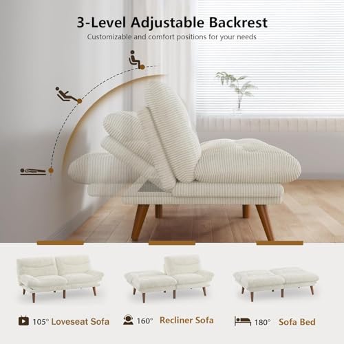 Pipishell Convertible Futon Sofa Bed,66" Corduroy Futon Couch with Adjustable Backrest and Armrests, Recliner Sleeper Sofa for Small Spaces