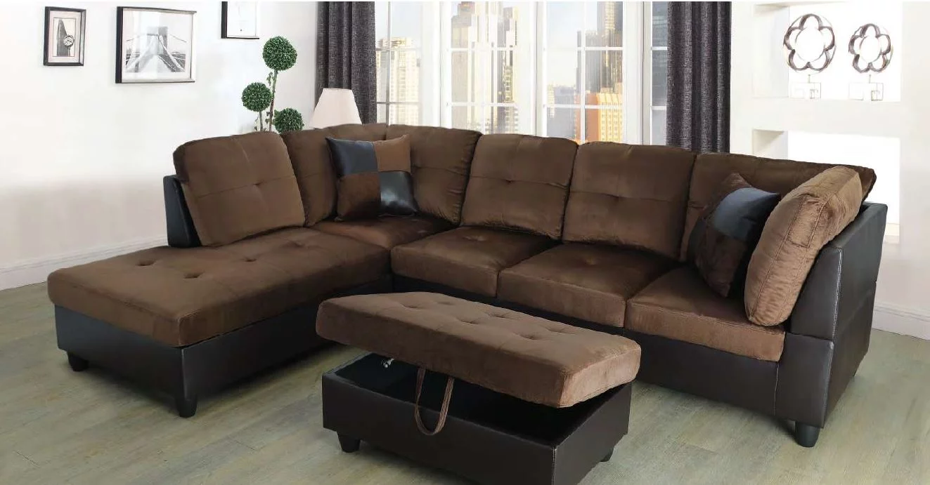 Hermann Left Chaise Sectional Sofa with Storage Ottoman, Chocolate Brown, MicroFiber