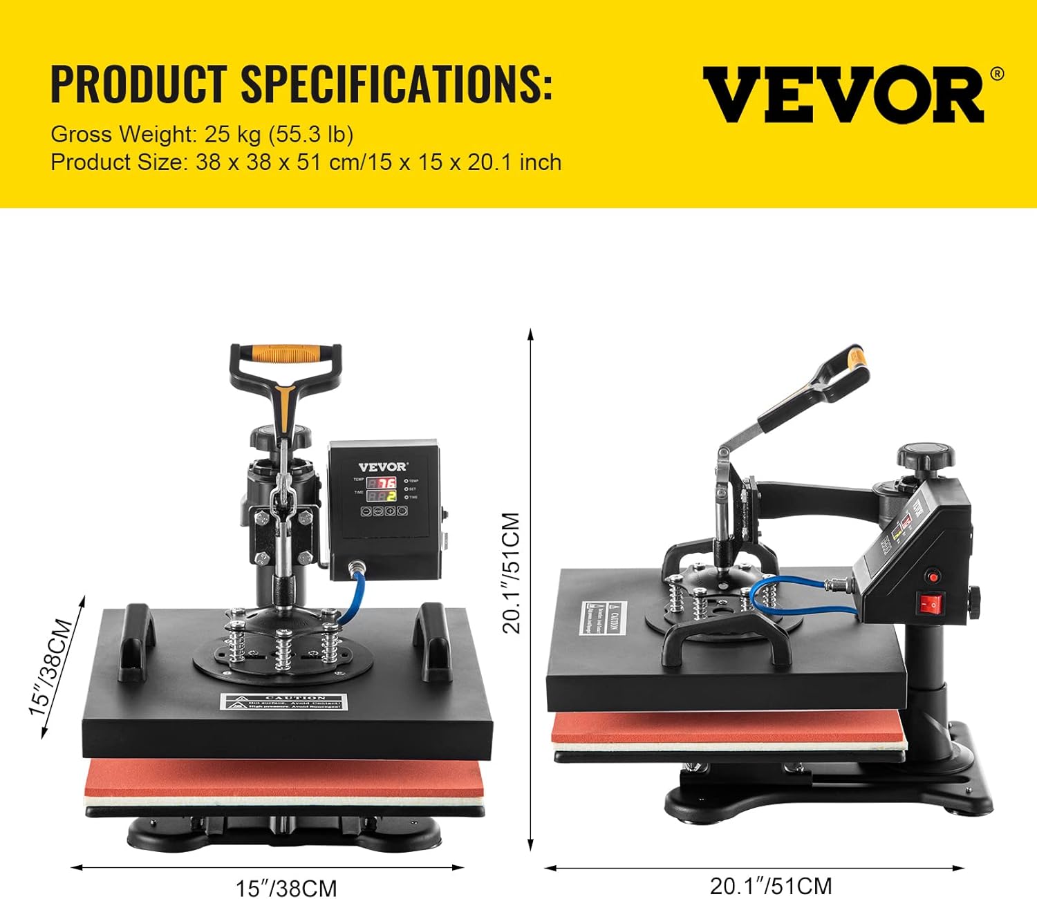 VEVOR Heat Press Machine, 15x15 Inch, 5 in 1 Combo Swing Away T-Shirt Sublimation Transfer Printer with Teflon Coated, Precise Heat Control