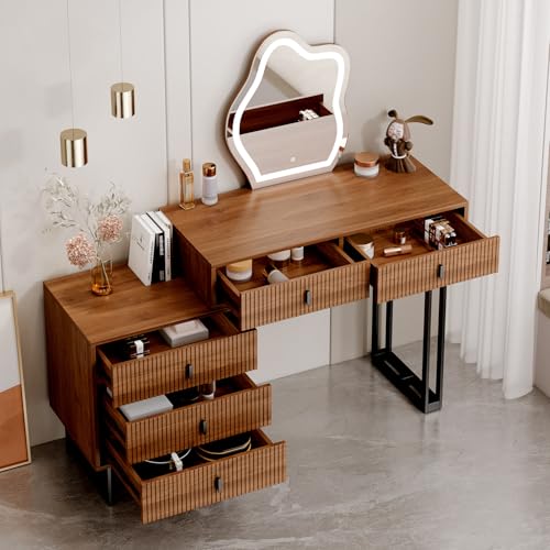 Makeup Vanity Desk with Cloud Lighted Mirror with Power Outlet and LED Strip, 3 Color Lighting Modes with Adjustable Brightness