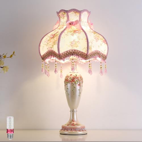 Lovely Table Lamp with Fabric Lampshade, Antique Flower Decorative Bedside Desk Lamp, Handmade Night Light for Bedroom Nightstand