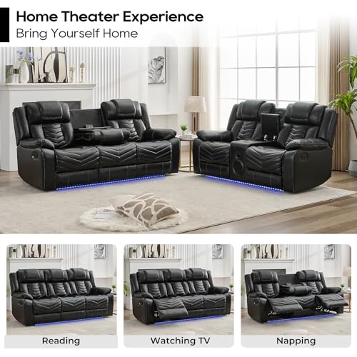 Manual Recliner Sofa Set with Wireless Charger for Living Room, Leather 3 Seater Reclining Sofa and Loveseat Seating Couch with Bass Speakers