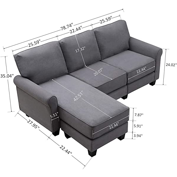 Nolany Reversible Sectional Sofa Couch for Small Apartment L Shape Sofa Couch 3-seat Sectional Couch (Dusty Grey)