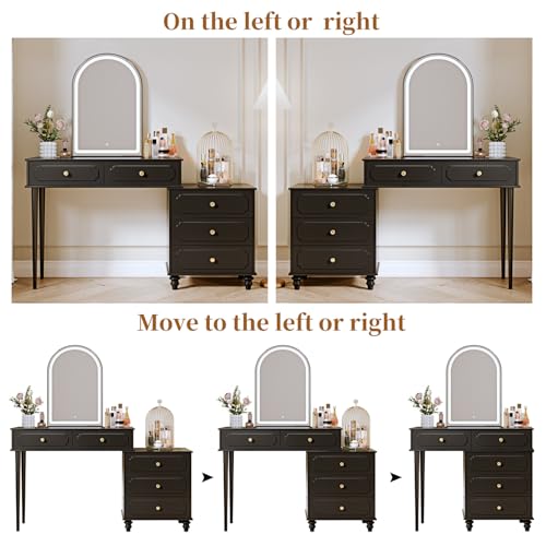 Black,Vanity Desk with Mirror and Lights,Makeup Vanity with Power Outlet and Adjustable Cabinet