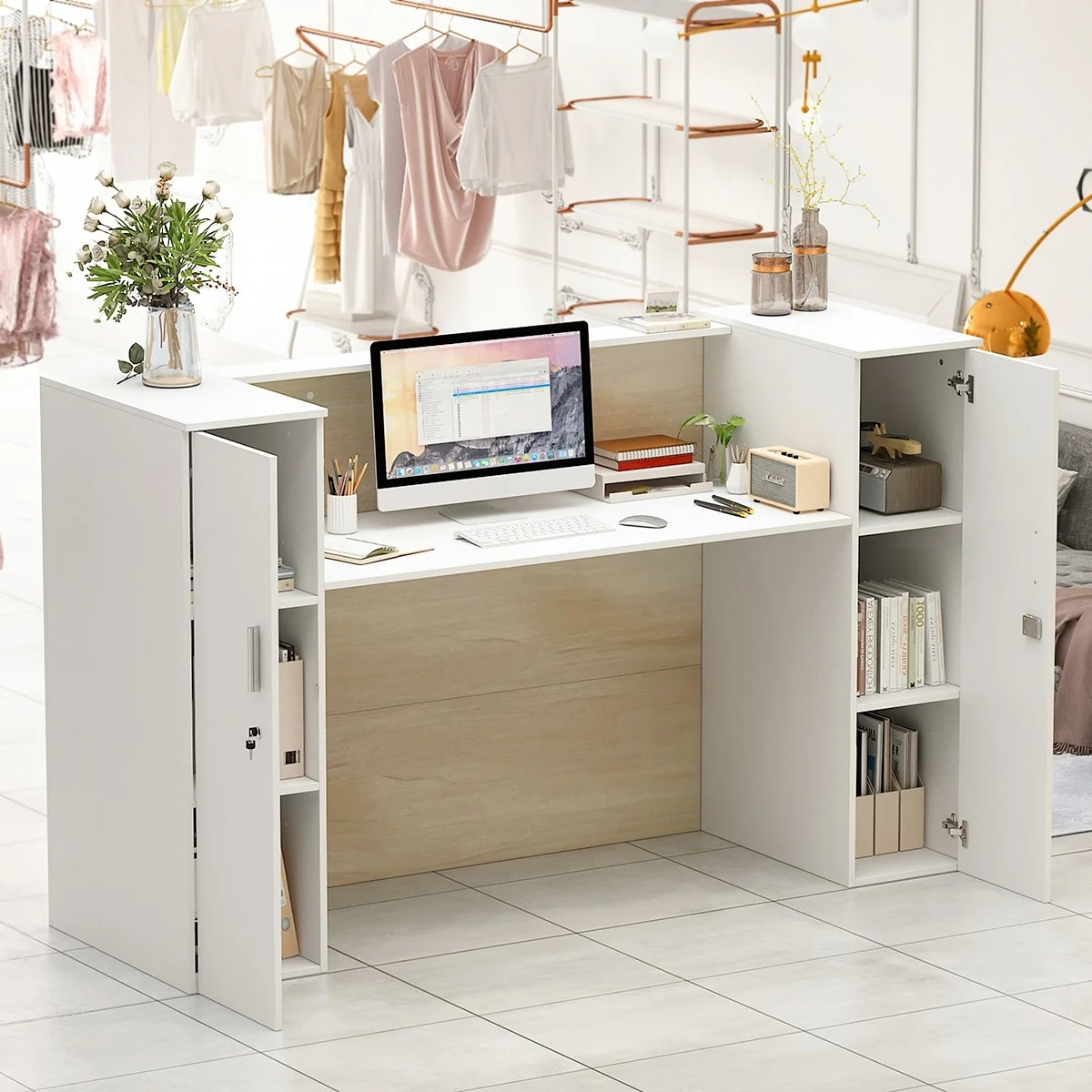 Kerrogee Rectangular Wood Reception Desk Oak And White Reception Table