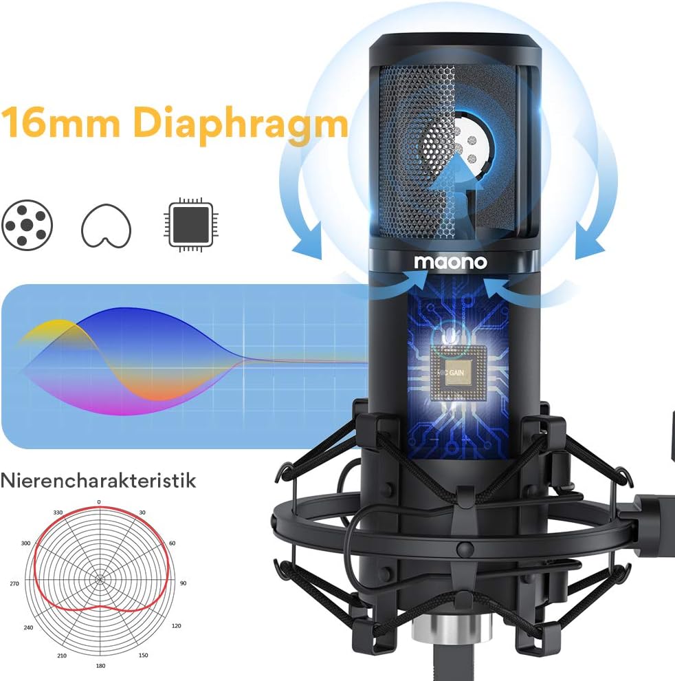 USB Microphone with One-Touch Mute and Gain Knob, MAONO Professional Condenser Computer PC Mic for Podcasting, Recording, Gaming, Live Streaming