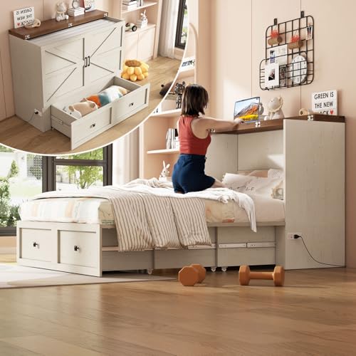 AMERLIFE Queen Murphy Bed with Storage & Charging Station, Farmhouse Murphy Cabinet with Foldable Panel, Noisy Free, for Guest Bedroom, Living Room