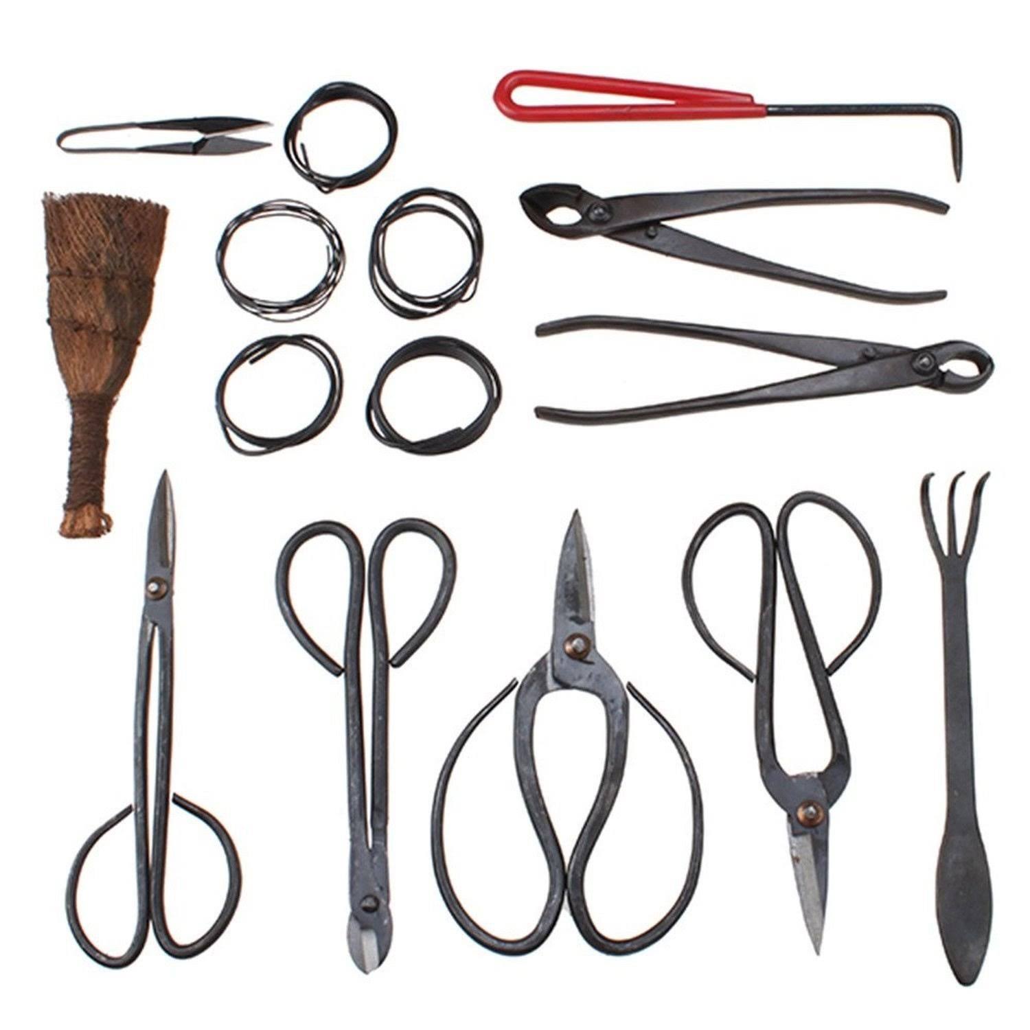 Image Carbon Steel Bonsai Tool Set 10-Pc Master Professional Shear and Brush Kit with Roll Wires in Heavy Duty Nylon Case