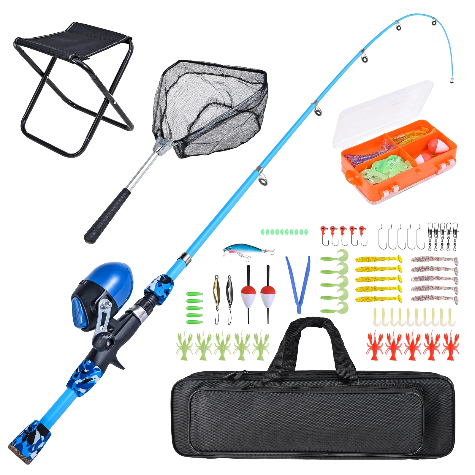 Tomshoo Fishing Kit for Kids Includes Rod, Reel, Stool, Landing Net, and Tackle Box Lightweight and Portable