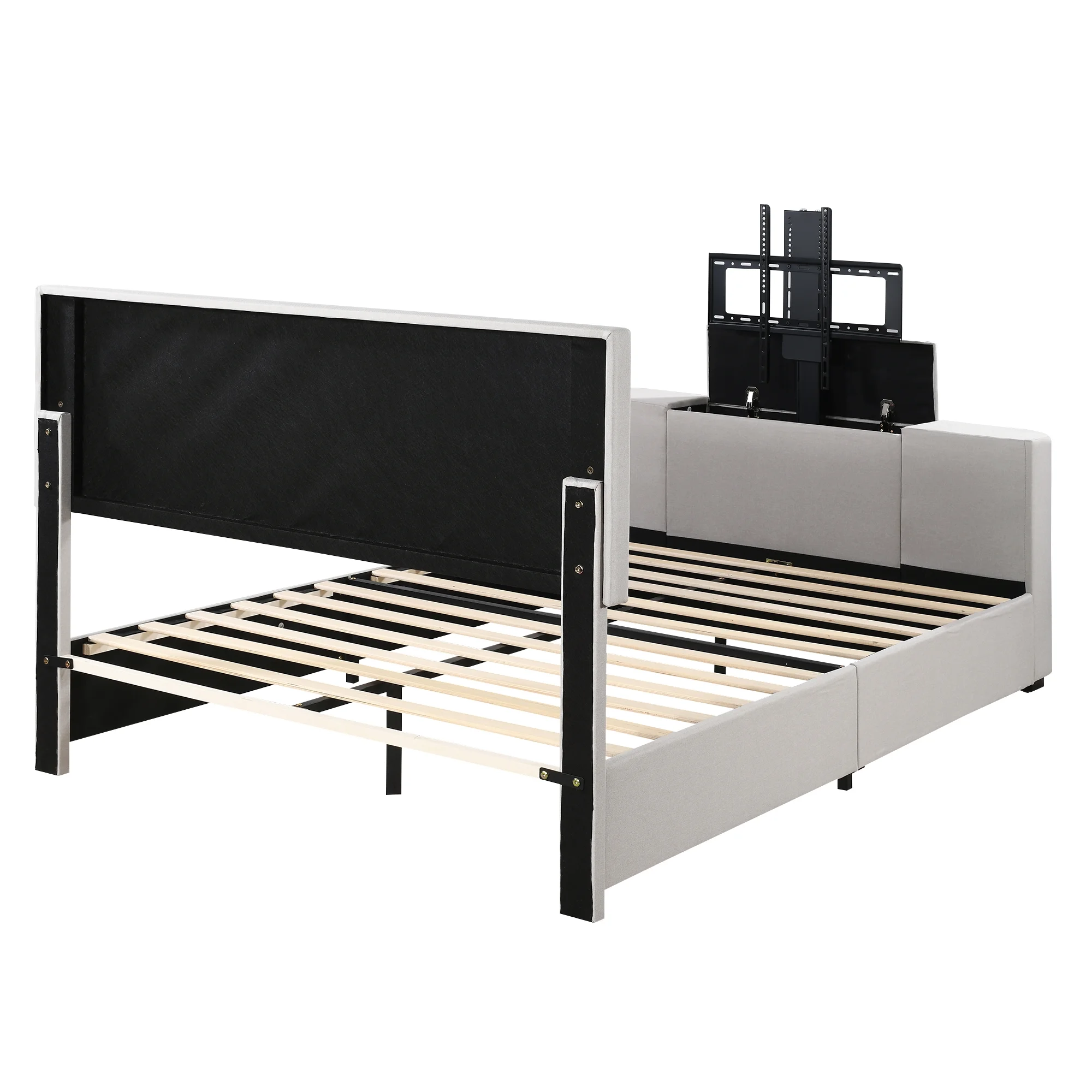 Euroco Upholstery Queen Size Platform Bed, Gaming Bed with Hidden TV Mount and Adjustable Headboard for Living Room, Beige