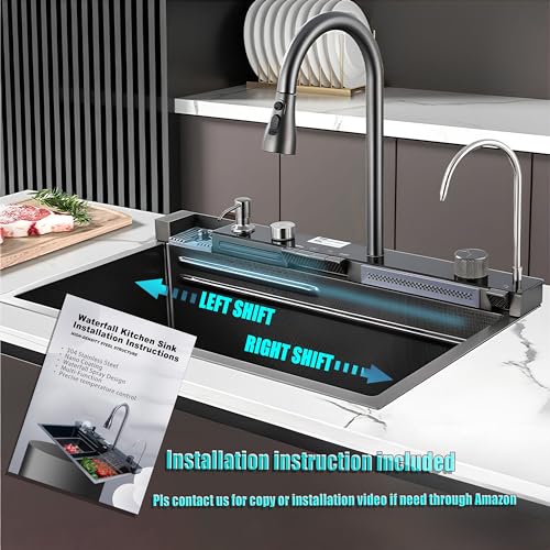 Kitchen Sink with Dual Waterfall Outlets,Digital Kitchen Sink with Cup Washer,Smart Sink with Pull-Out Faucet,304 Stainless Steel Kitchen Sink