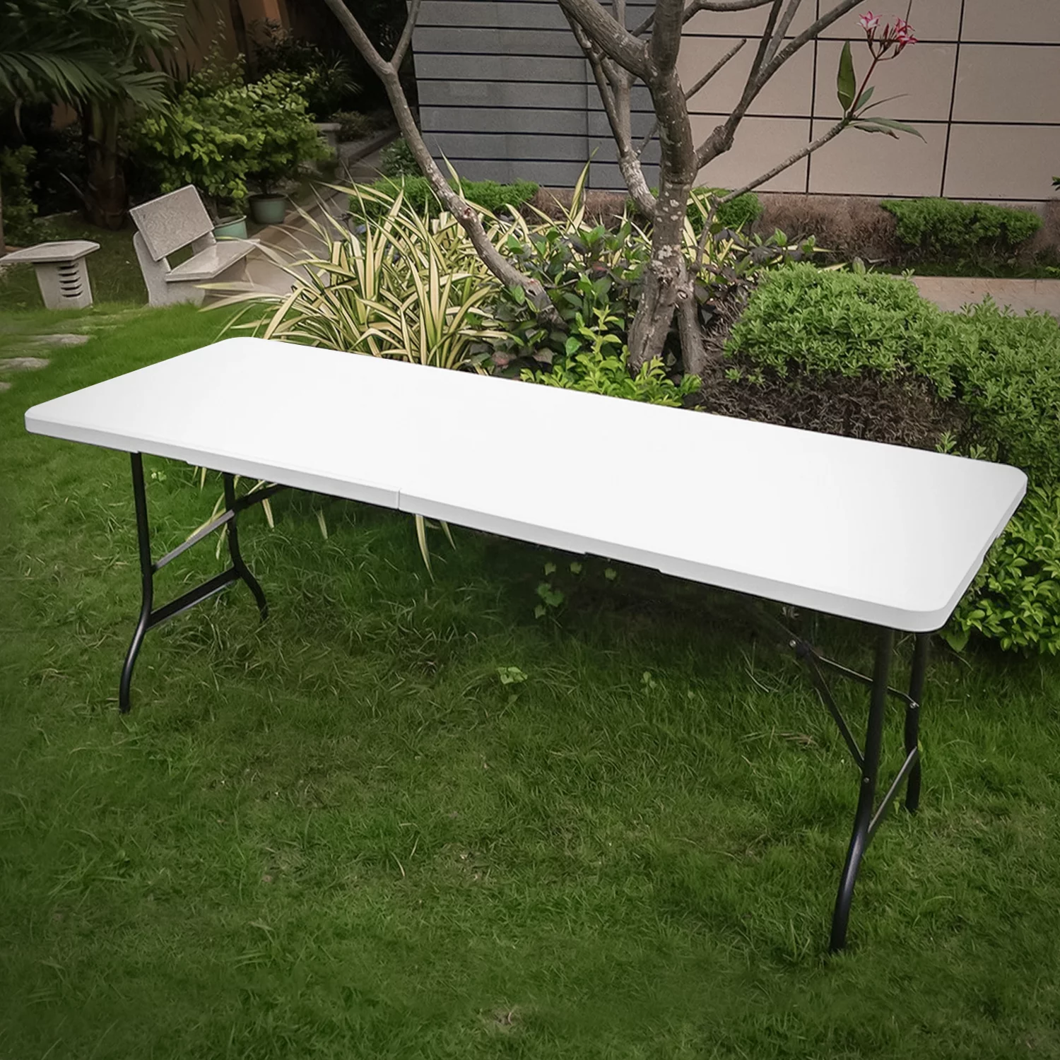 Magshion 10 Pack 8Ft Folding Utility Table Fold-in-Half Portable Plastic Picnic Party Dining Camp Table with Carry Handle, White