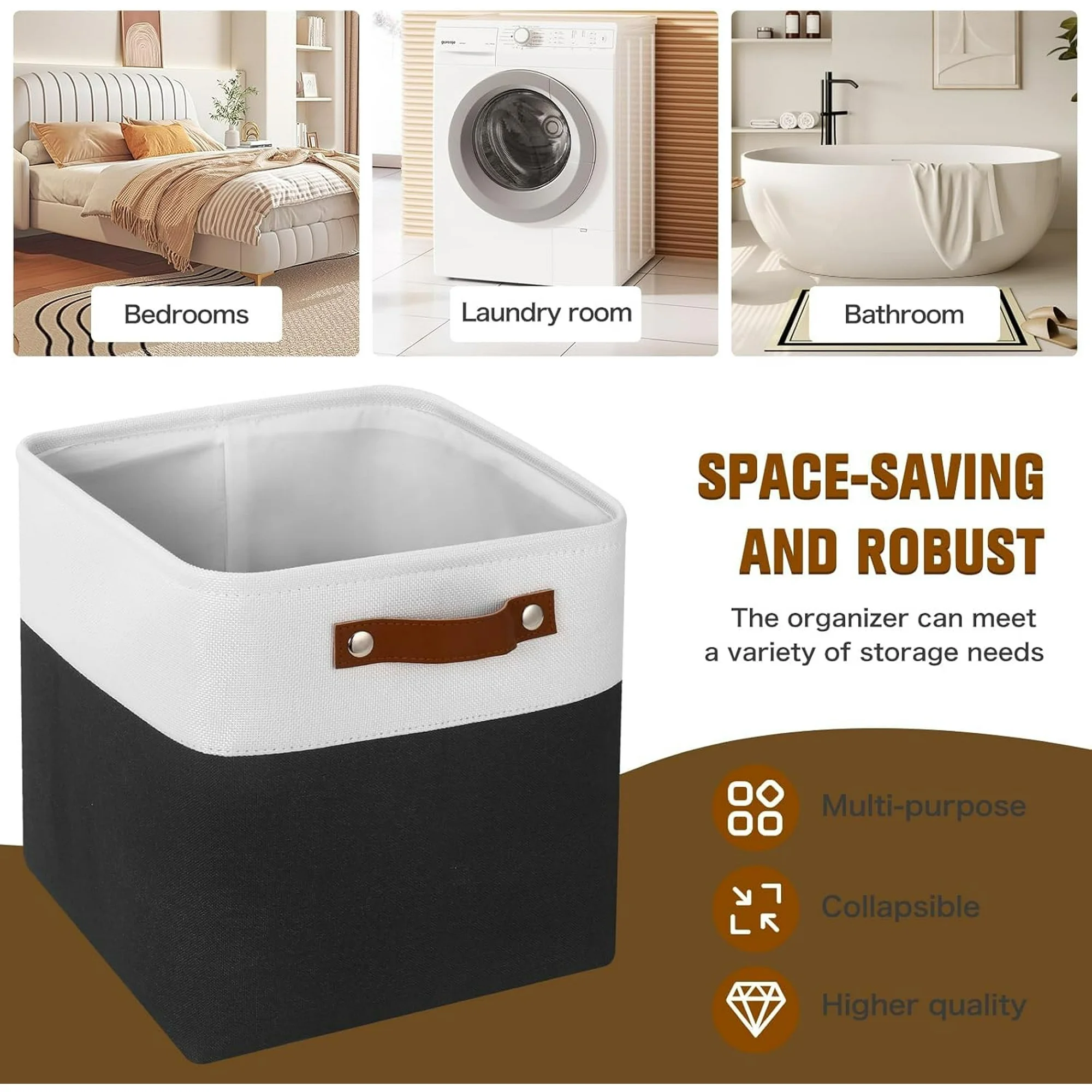 6 Pack Foldable Cube Storage Baskets 11x11 Inch with Leather Handles for Nursery, Closet &amp; Home Organization