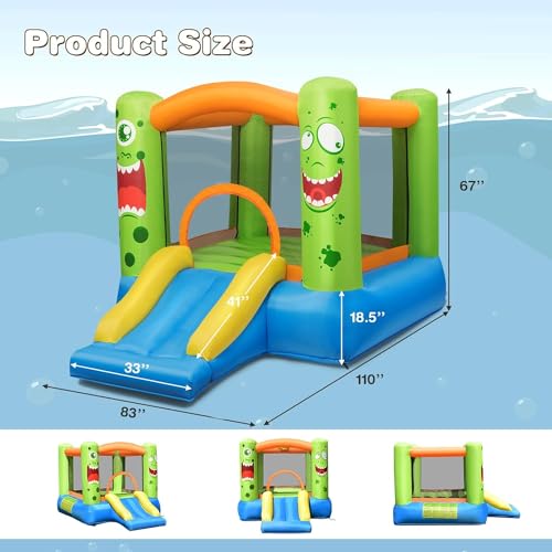 DORTALA Inflatable Bounce House, Monster Theme Bouncy Castle with Slide, Basketball Rim, Stakes, Indoor Outdoor Jumping House for Kids