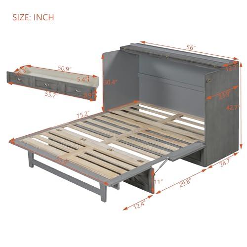 Harper & Bright Designs Full Size Murphy Bed Wall Bed, Solid Pine Murphy Bed Chest Cube Cabinet Bed with USB