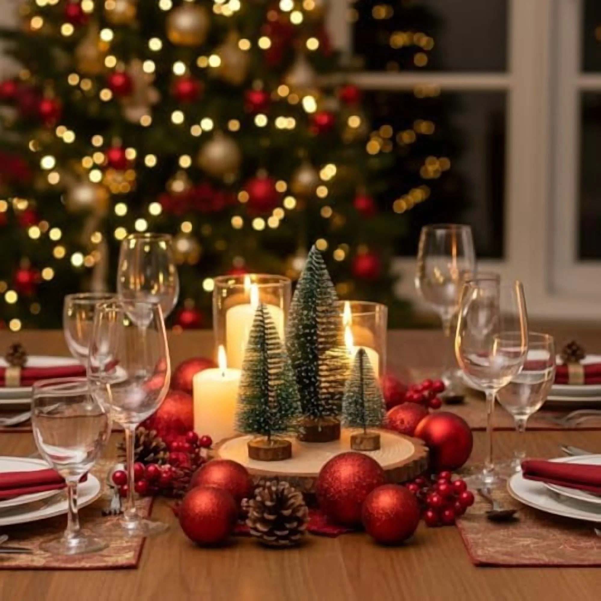 24 Pcs Bottle Brush Christmas Trees in 3 Size 18 Desktop Miniature Christmas Trees with 6 Nature Unfinished Round Wood Slices Table Decorations for