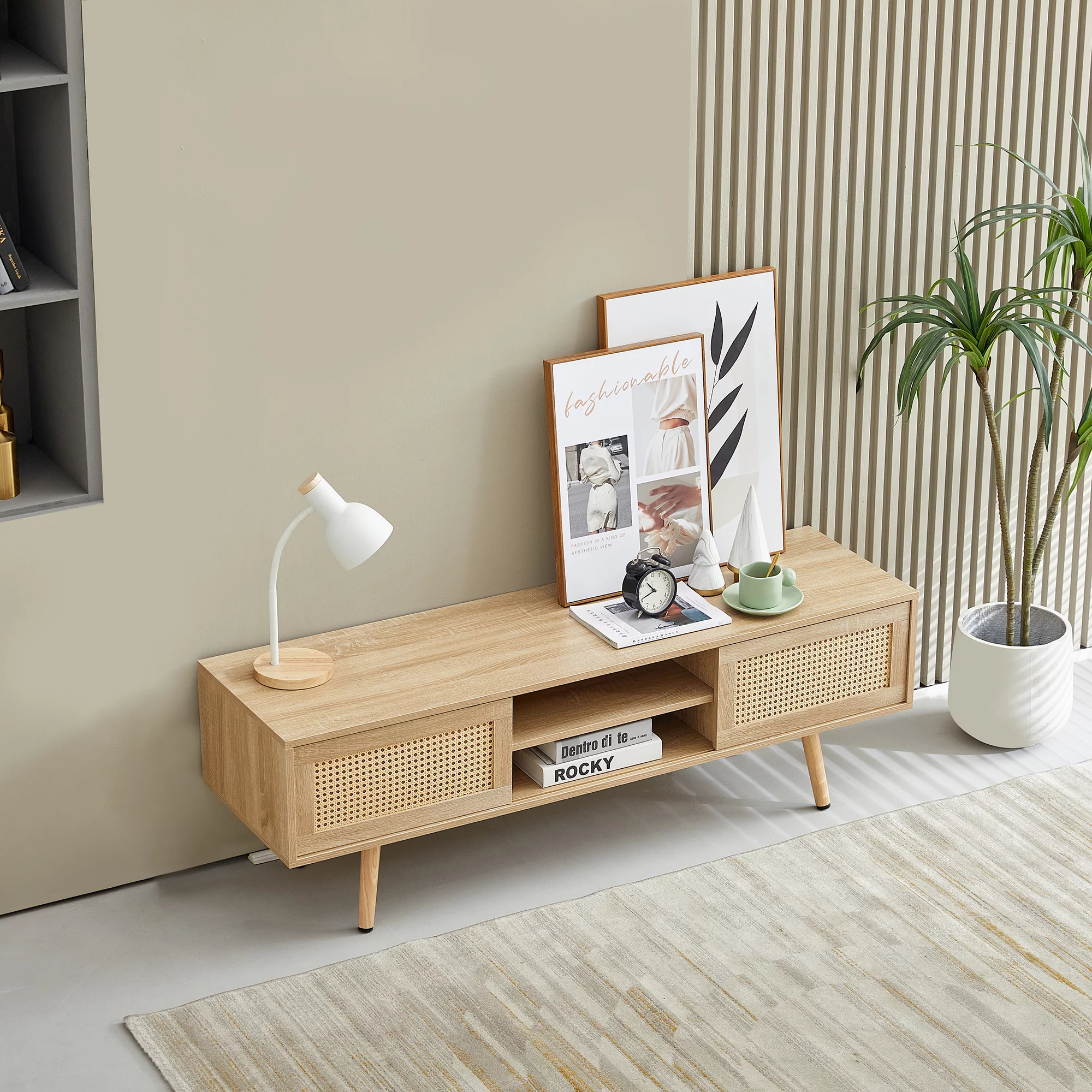 KUUFER 55" Rattan TV Stand, Solid Wood TV Cabinet for 55inch TV, TV Console with 2 Sliding Doors and Adjustable Shelf for Living Room, Natural Color