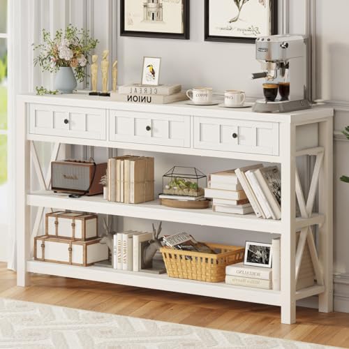 FATORRI Industrial Console Table for Entryway, Rustic Sofa Table with Shelf and 3 Drawers for Living Room