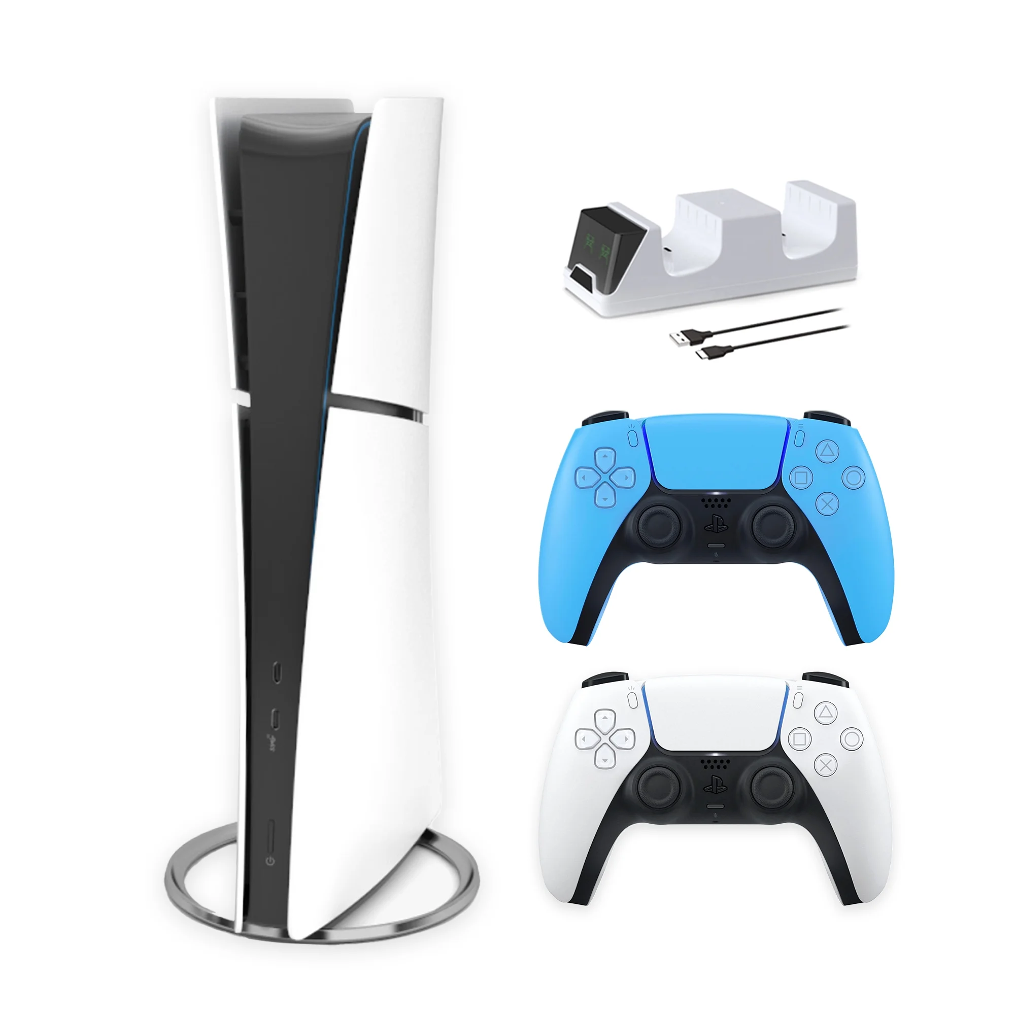 2023 New PlayStation 5 Slim Digital Edition Bundle with Two Controller White and Starlight Blue Dualsense and Mytrix Controller Charger