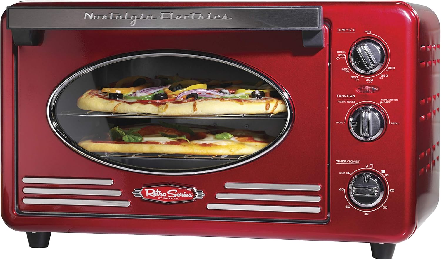 Nostalgia RTOV2RR Large-Capacity 0.7-Cu. Ft. Capacity Multi-Functioning Retro Convection Toaster Oven, Fits 12 Slices of Bread and Two 12-Inch Pizzas