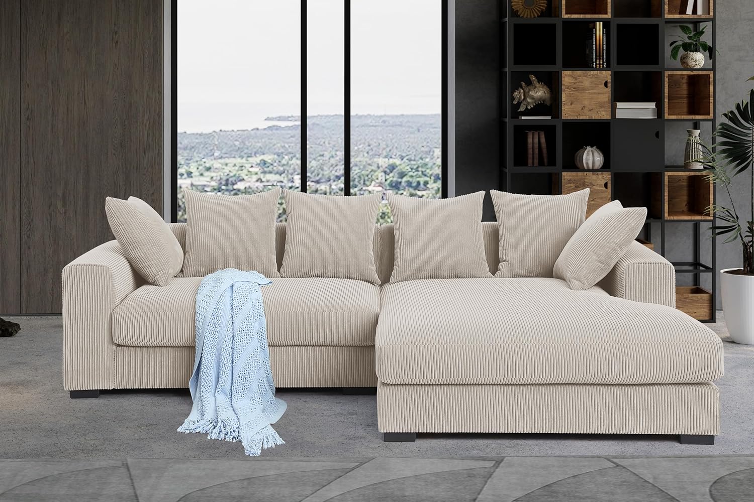 Corduroy 3-Piece Upholstered Sectional Chaise,L Shaped Sofa with Versatile Ottoman and Six Complementary Toss Pillows for Living Room,Apartment