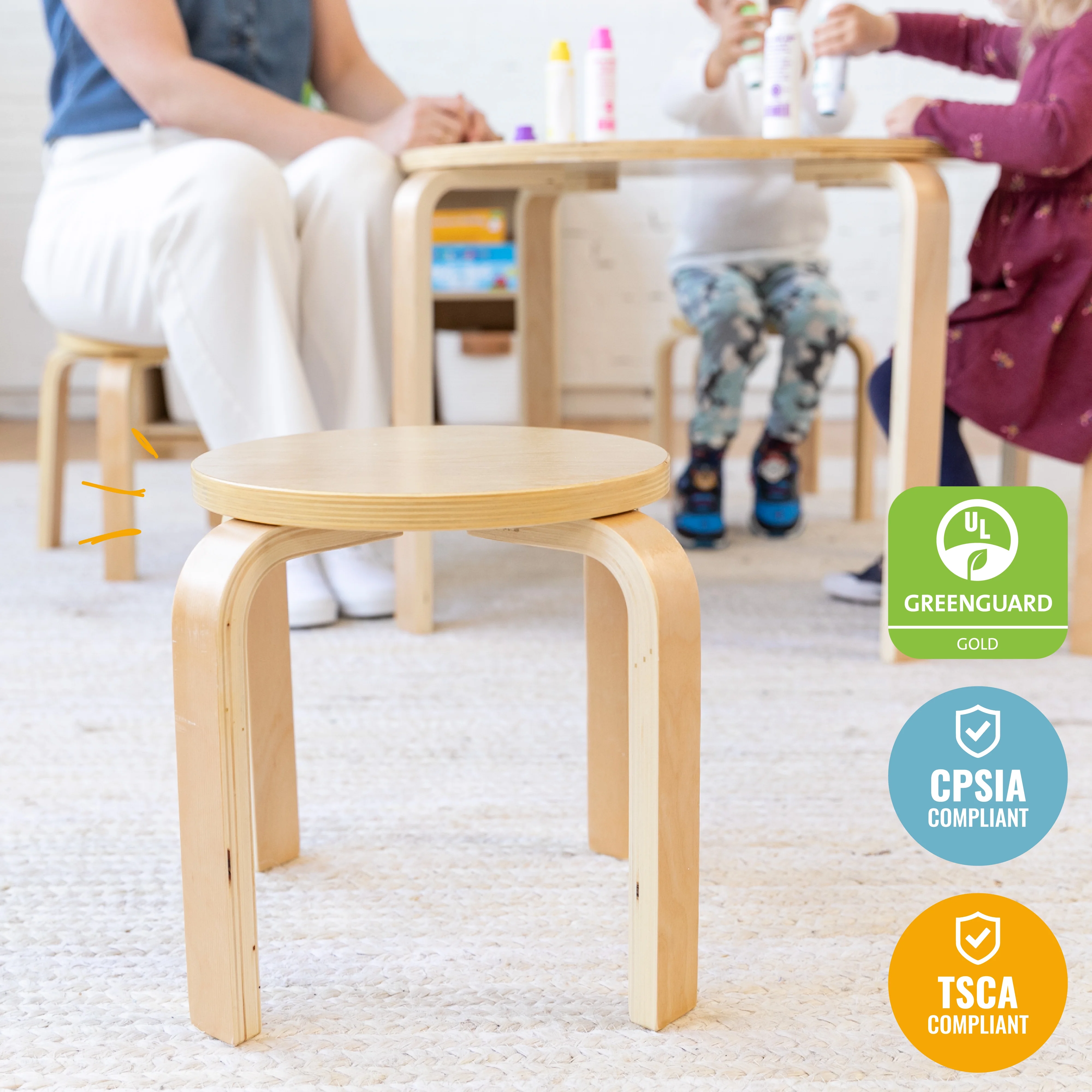 ECR4Kids Bentwood Round Table and Stool Set, Kids Furniture, Natural, 5-Piece
