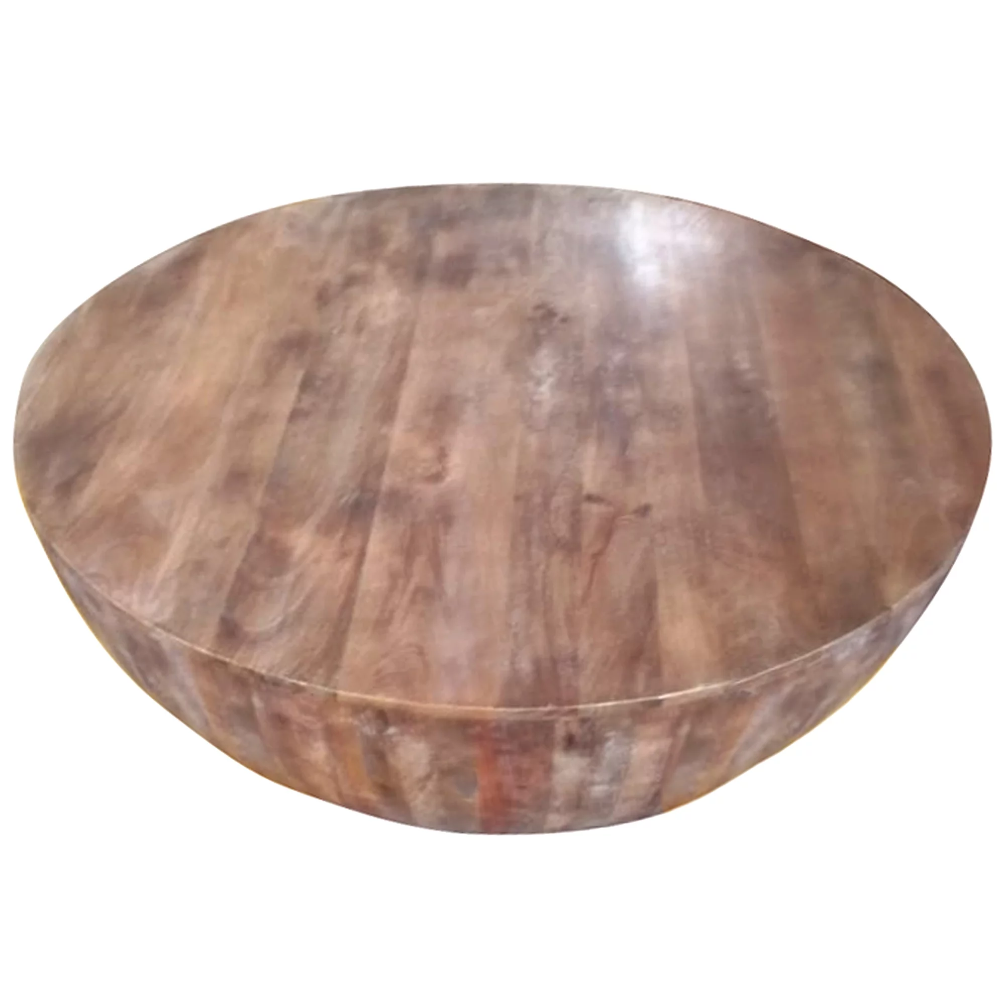 Handcarved Drum Shape Round Top Mango Wood Distressed Wooden Coffee Table, Brown- Saltoro Sherpi