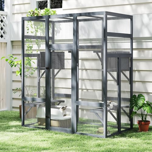 71Inches Large Wood Catio Outdoor Cat Enclosure with Perches and Condos, Cat House Indoor with Waterproof Roof