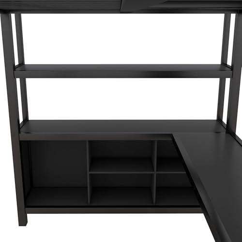 Bellamave Metal Loft Bed with Wardrobe and L-Shaped Desk, Full Size Loft Bed with Storage Cubes and Shelves, Heavy Duty LoftBed for Kids Teens Adults