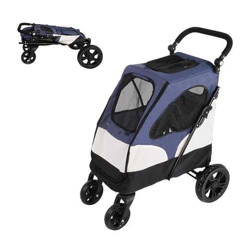 4 Wheels Folding Pet Strolling Cart with Storage Bag, Pet Stroller for Medium Large Dog with Adjustable Handle