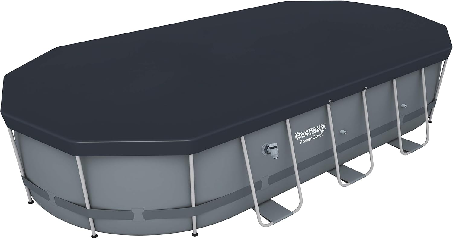 Bestway 56711E Power Steel 18' x 9' x 48 Outdoor Oval Frame Above Ground Swimming Pool Set with 1500 GPH Cartridge Filter Pump, Cover, & Ladder, Gray