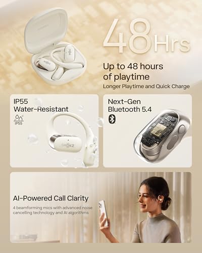 SHOKZ New OpenFit 2 Open-Ear Headphones, True Wireless Bluetooth Earphones with Microphone, Earhook Earbuds with 48 Hours of Playtime, Fast Charging