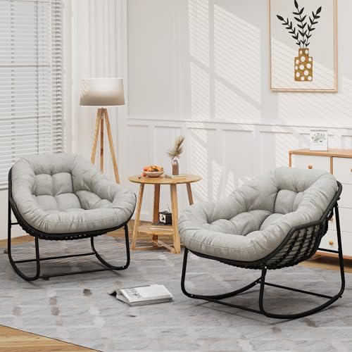 Outdoor Indoor Rocking Chair, Patio Wicker Egg Chair, Indoor & Outdoor Comfy Oversized Papasan Chair with Padded Cushion