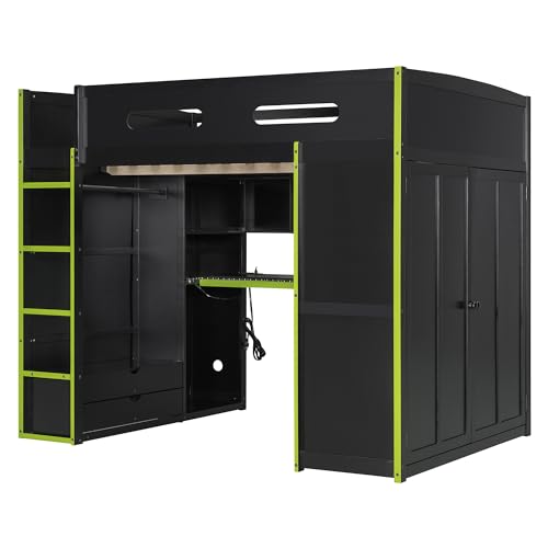 Modern Full Size Gaming Loft Bed with Built-in Desk and Storage Wardrobe, Wood Loft Bed Frame with Light Strip and 2 Drawers