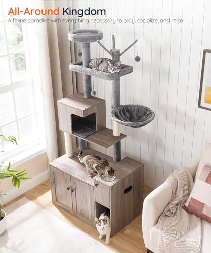 HOOBRO Cat Tree with Litter Box Enclosure, 68.9" H Cat Tower with Food Bowl and Storage, Hidden Litter Enclosure Furniture