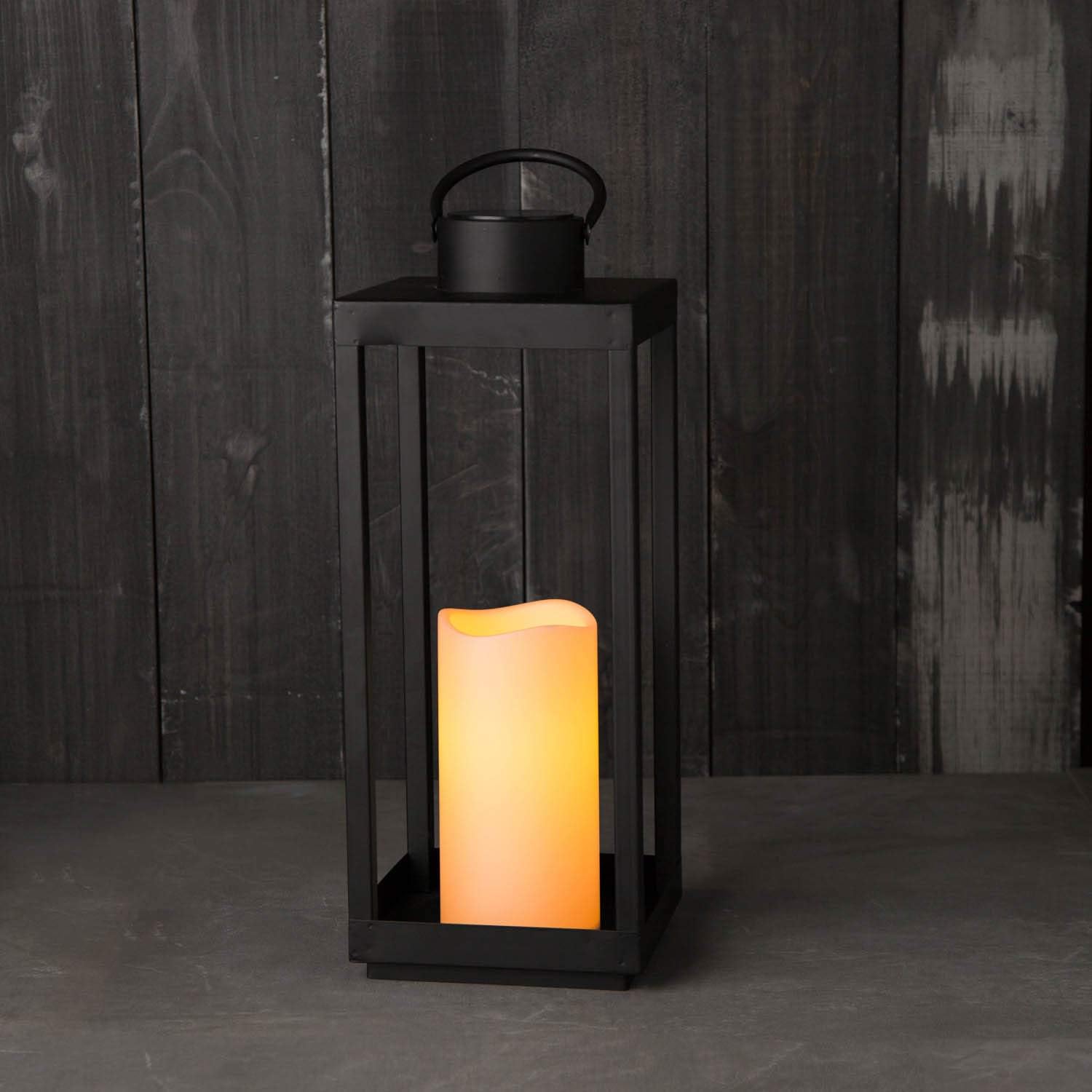 Large Outdoor Lantern with Solar Candle - 18 Inch Tall, Matte Black Metal Frame, Waterproof Flameless Pillar Candle, Dusk to Dawn Timer