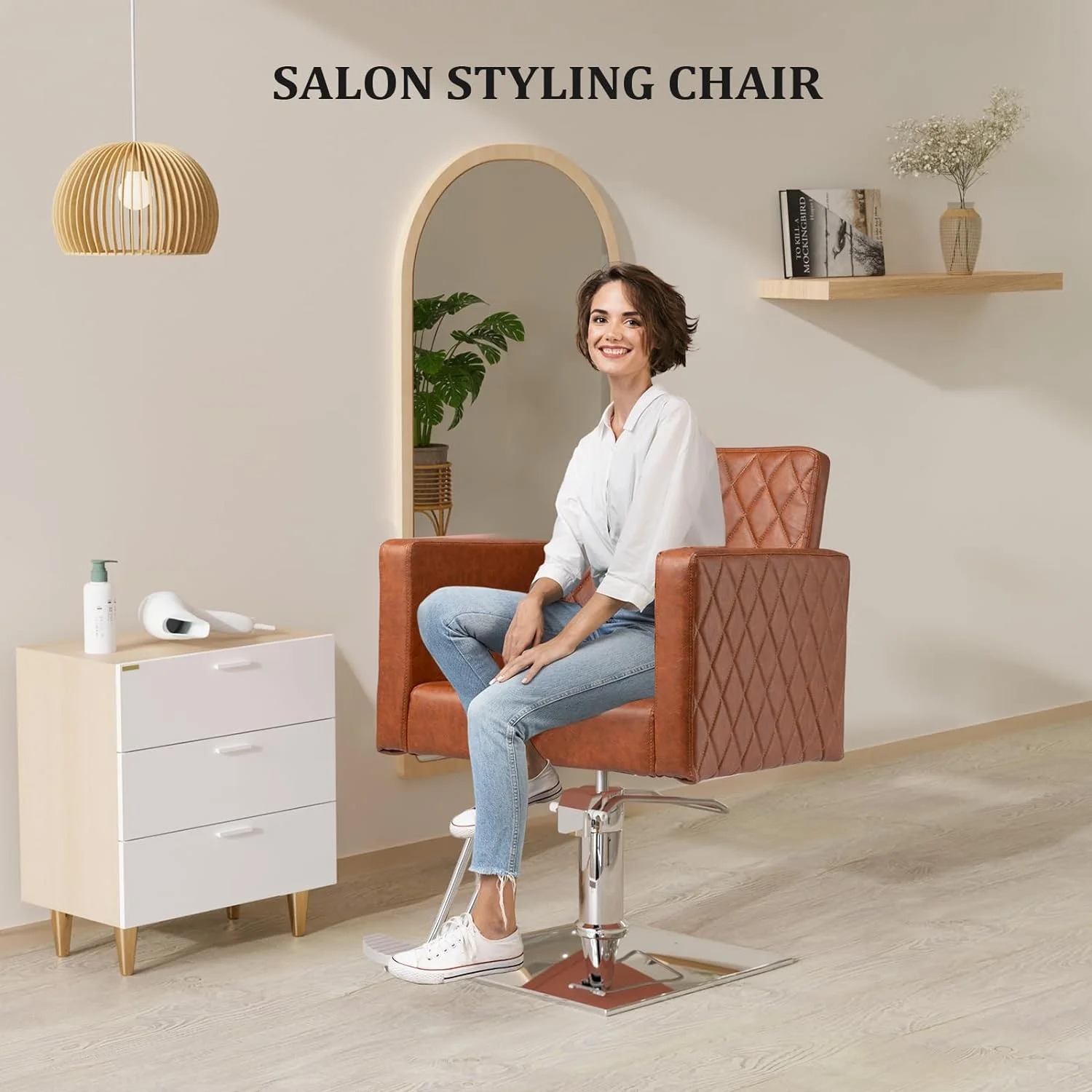 Salon Chair for Hair Stylist Wide Seat, Hydraulic Barber Chair with Aluminium Alloy Footrest, Brown Hair Salon Chair Styling Heavy Duty