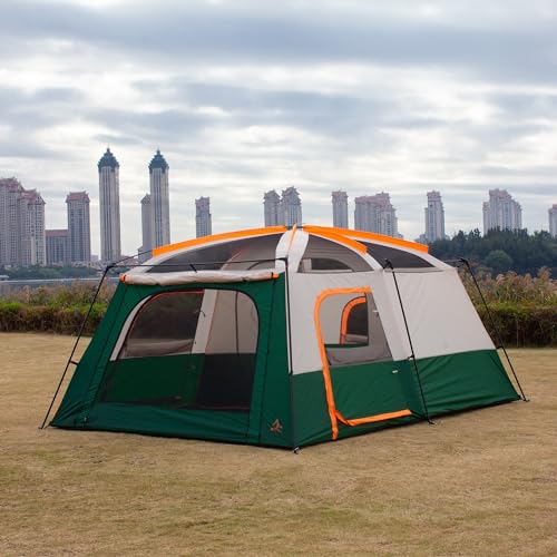 KTT Extra Large Tent 10-12-14 Person(Style-B),Family Cabin Tents,2 Rooms,3 Doors and 3 Windows with Mesh,Straight Wall,Waterproof,Double Layer