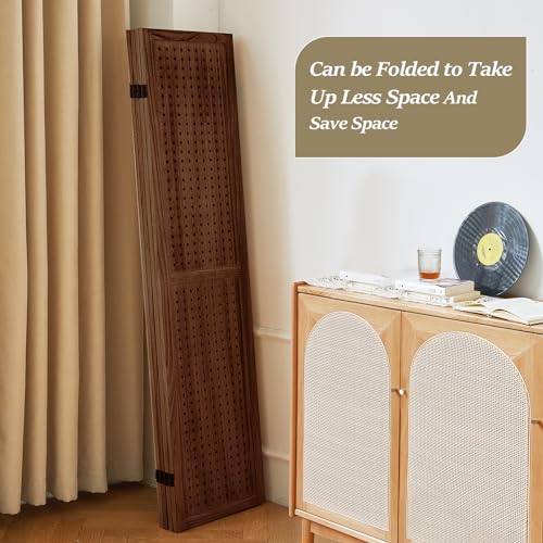 4 Panel Room Dividers and Folding Privacy Screens, 5.6Ft Wooden Pegboard Display, Privacy Dividers for Bedroom