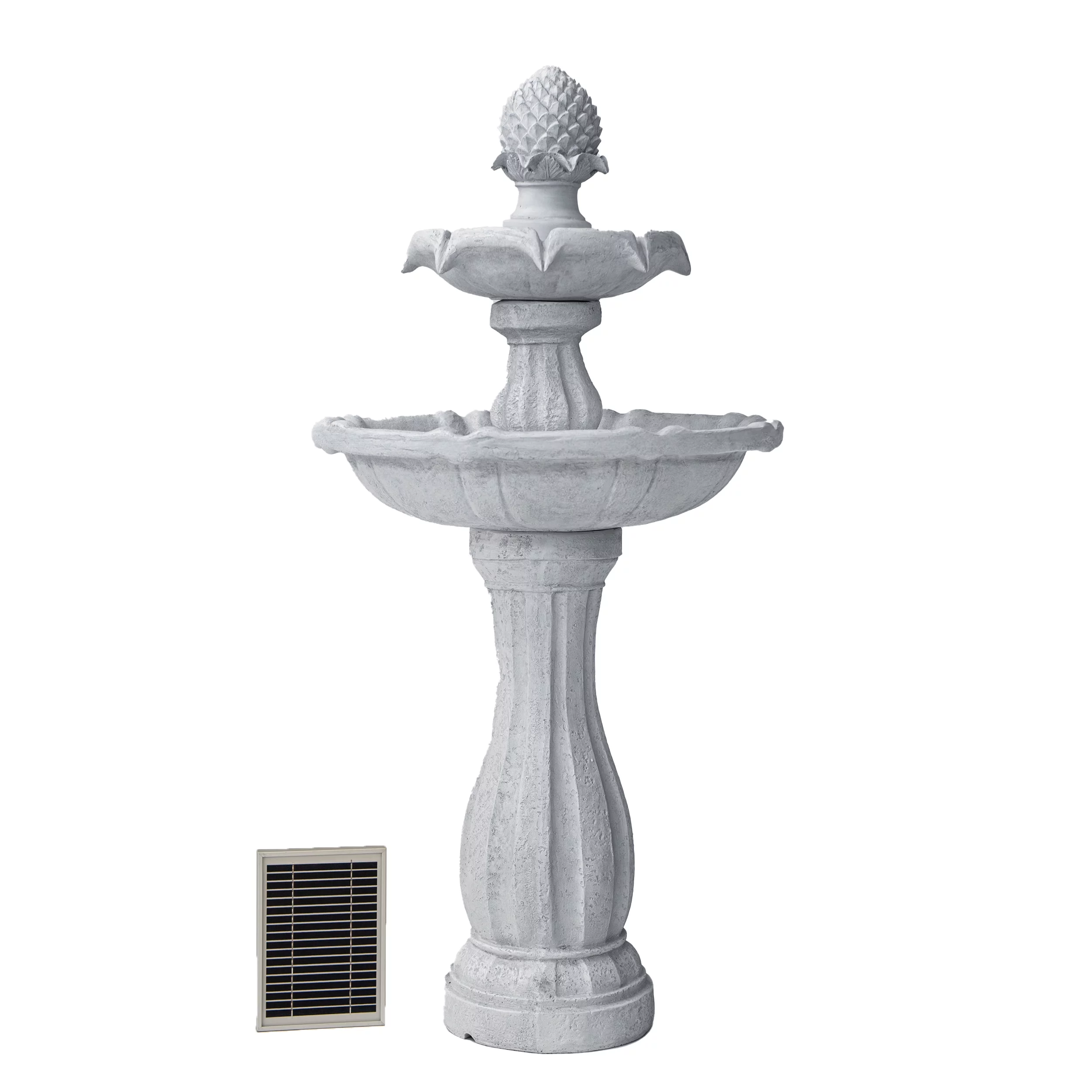 XBrand 44" H White Fiberglass/Resin 2-Tier Solar Water Fountain w/ Solar Panel and Auto-Shut Off Pump, Solar Garden Fountain, Tall Outdoor Fountain