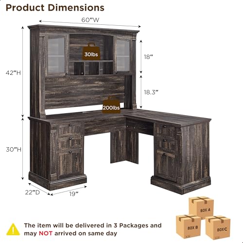 OKD 60" Executive Desk with Drawers, Farmhouse Home Office Desk with Charging Station, Keyboard Tray, File Cabinet Storage
