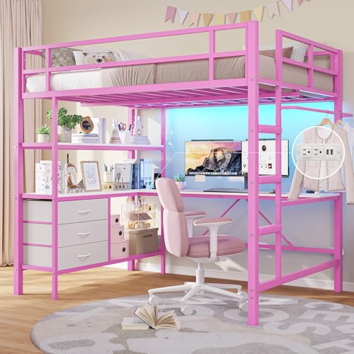 DICTAC Loft Bed Full Size with L-Shaped Desk and Charging Station Full Metal Bed Frame with LED Lights,Open Shelves and 3 Fabric Storage Drawers