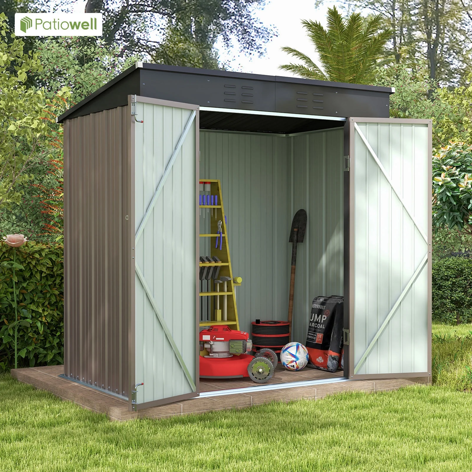 Patiowell 6x4 FT Outdoor Storage Shed, Metal Sheds with Double Lockable Doors for Lawn, Brown - Curated Treasures Market