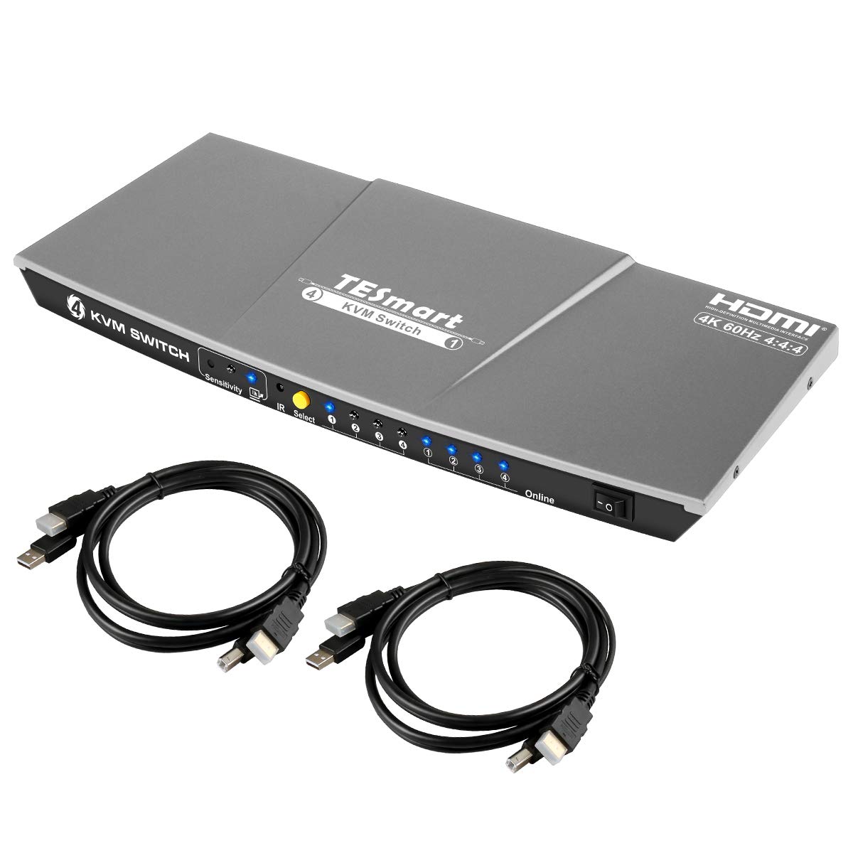TESmart HDMI 4K Ultra HD 4x1 HDMI KVM Switch 3840x2160@60Hz 4:4:4 with 2 Pcs 5ft KVM Cables Supports USB 2.0 Device Control up to 4