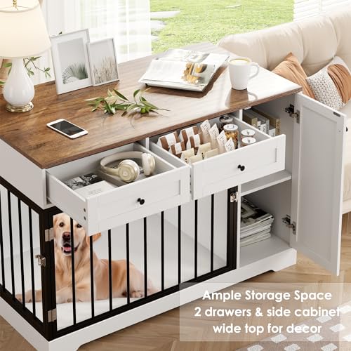 Dog Crate Furniture Kennel with Double Doors Wooden Pet House with 2 Drawers and Storage Cabinet