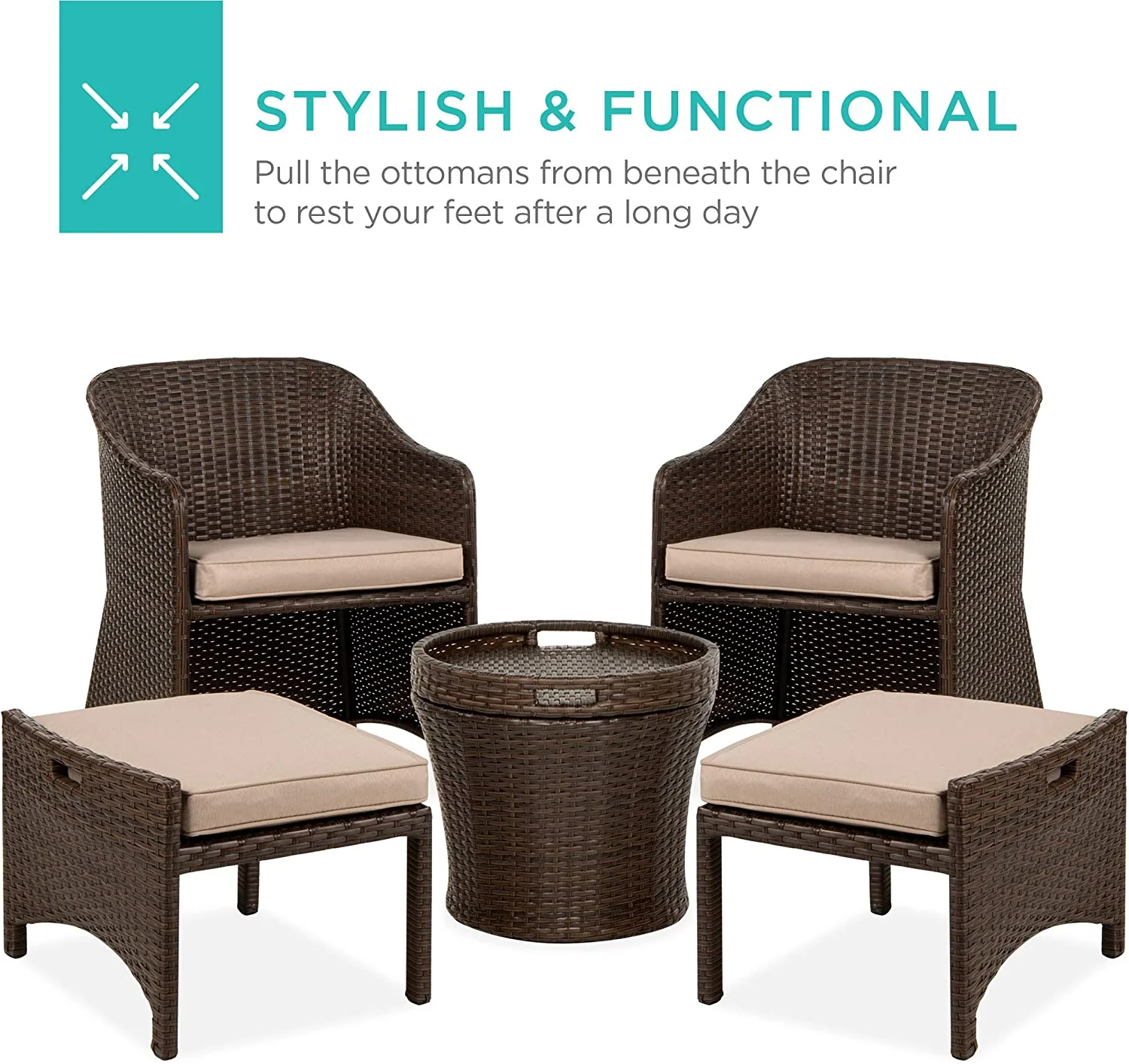 5-Piece Outdoor Patio Furniture Set, No Assembly Required Wicker Conversation Bistro & Storage Table for Backyard, Porch