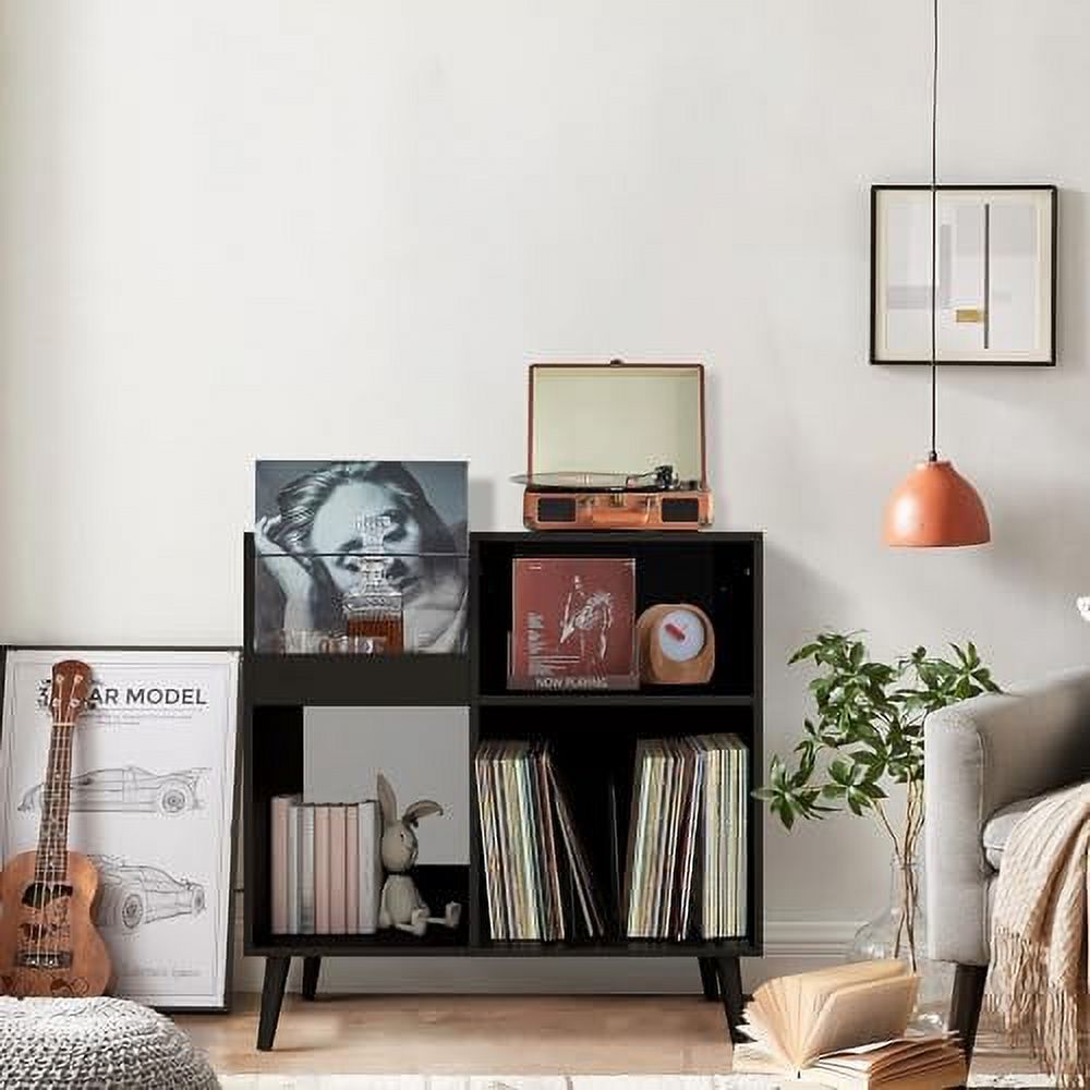 CDHJKKB Mid-Century Vinyl  Cabinet  with Solid Wood Legs  Turntable Stand with Power Outlet Holds up to 200 Albums  Record Player Holder Display