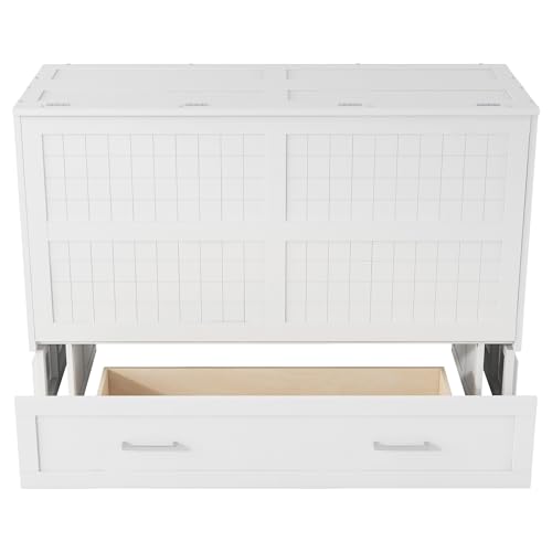 Queen Size Farmhouse Murphy Bed Cabinet with Charging Station, Foldable Platform Bed Frame with 2 Storage Drawers