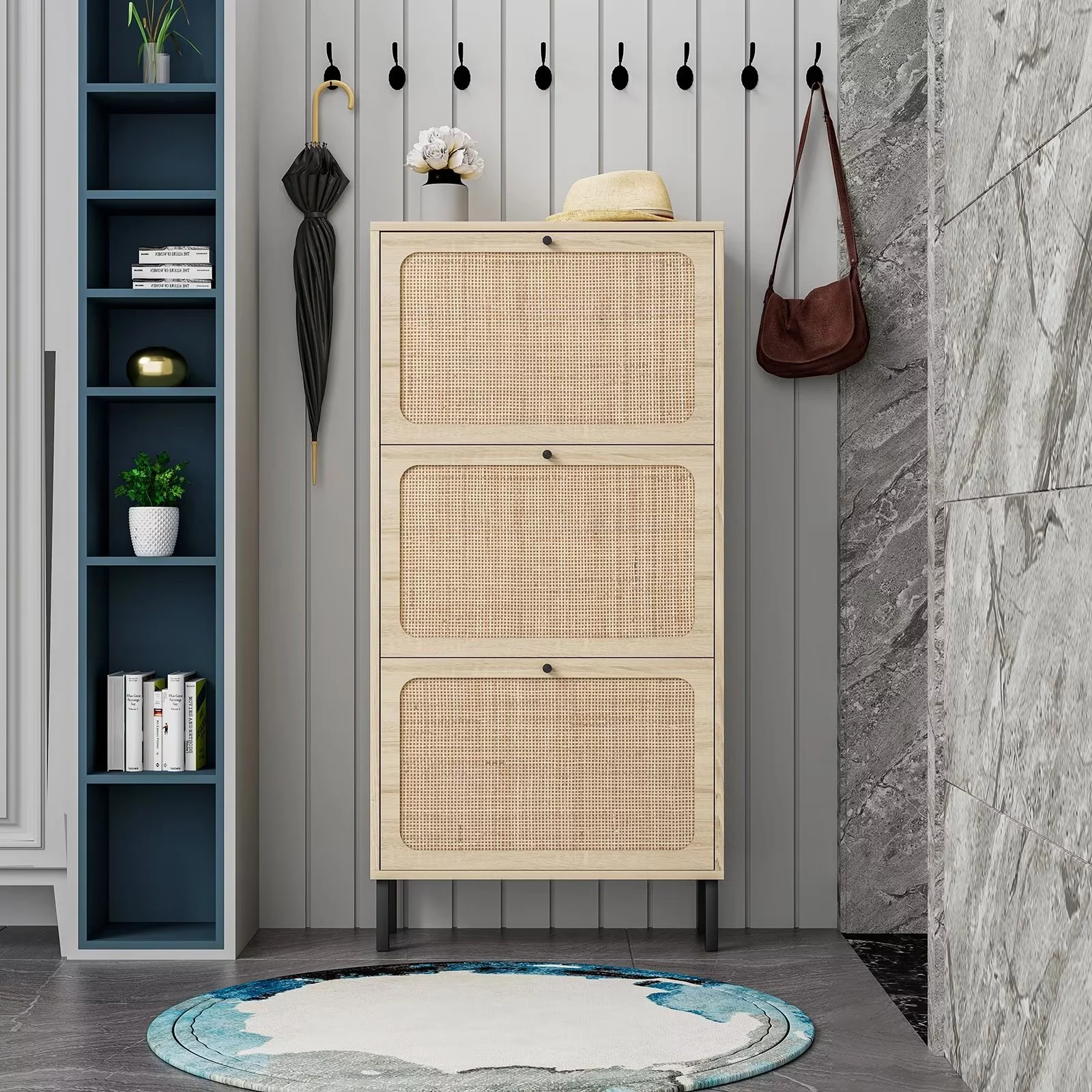 Lecut Rattan Shoe Cabinet 3 Flip Drawer Shoe Cabinet Organizer with Adjustable Shelves Freestanding Wooden Shoe Rack Storage Cabinet With Metal Legs